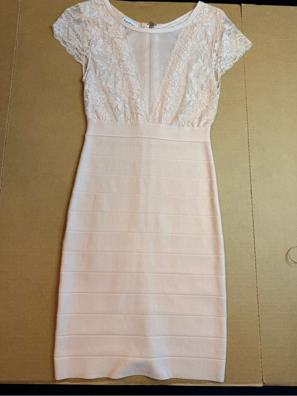 Bebe Blush Pink Lace-Top Midi Bodycon Dress - Picture 1 of 6